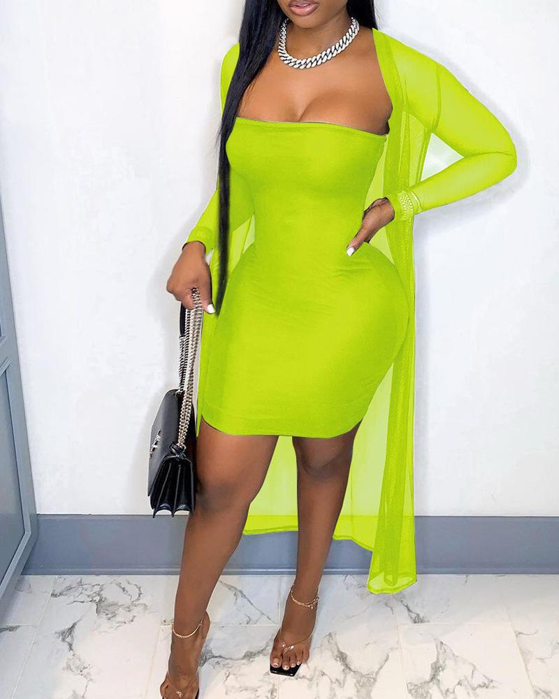 

Bandeau Sleeveless Skinny Bodycon Dress With Sheer Mesh Coat, Green