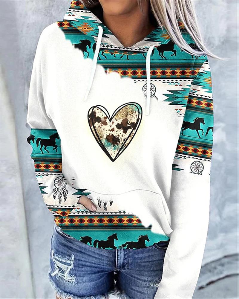 

Aztec Geometric Heart Print Long Sleeve Hoodie, White