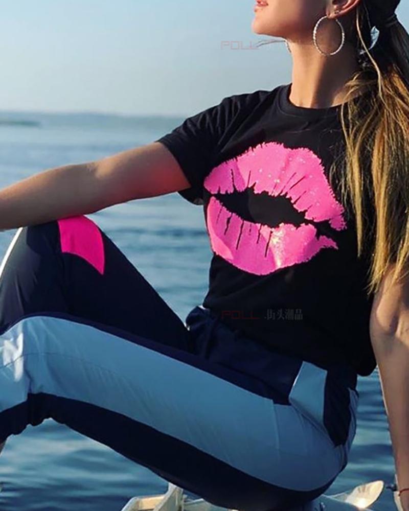 

Lip Print Short Sleeve T-shirt, Black