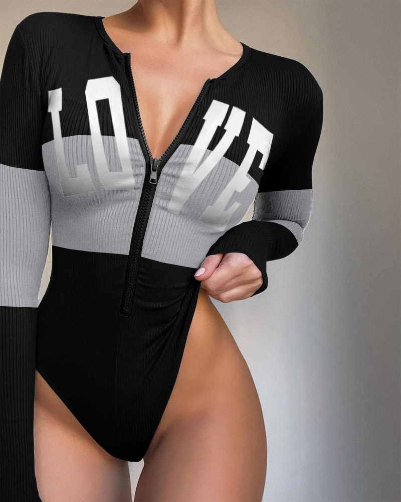 

Letter Print Colorblock Zip Front Bodysuit, Black