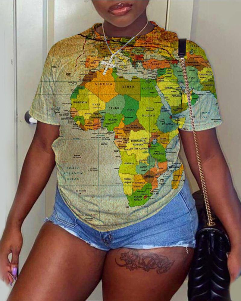 

Plus Size Map Print Casual T-shirt, Yellow