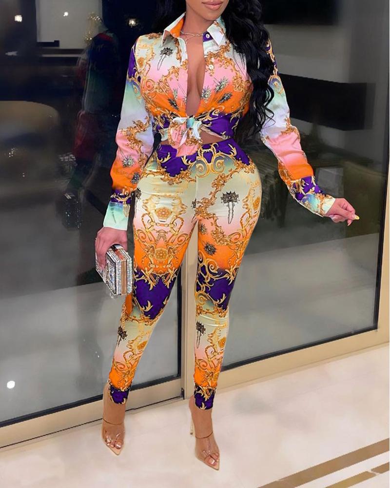 

Scarf Print Long Sleeve Shirt & High Waist Pants Set, Orange