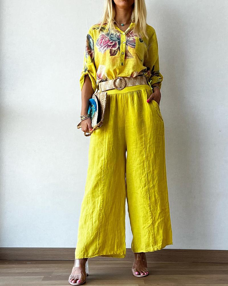 

Floral Print Pocket Design Top & Wide Leg Pants Set, Yellow