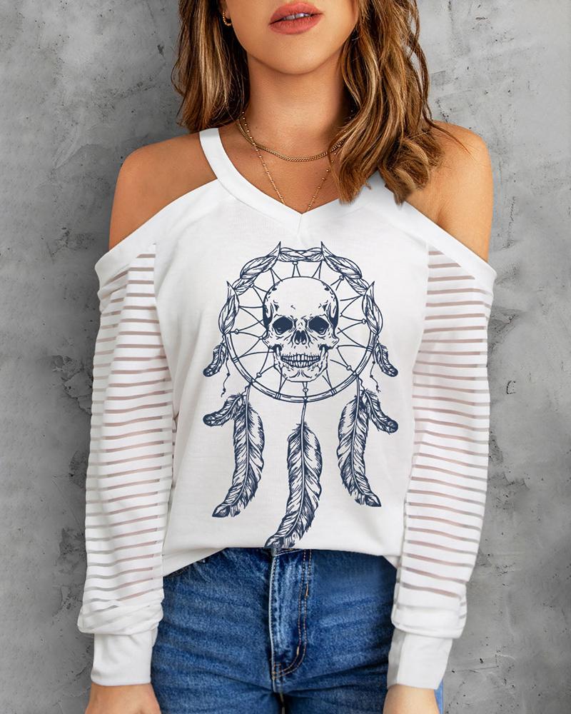 

Halloween Graphic Skull Print Cold Shoulder Top, White