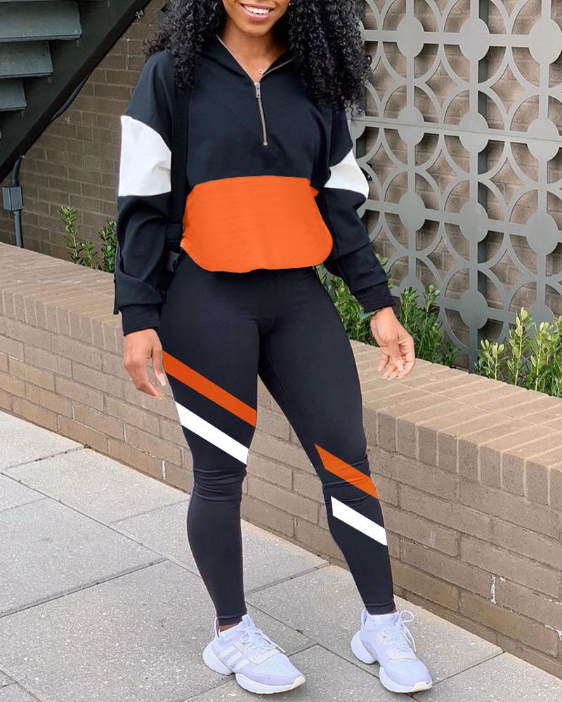 

Colorblock Zipper Detail Casual Top & Pants Set, Black