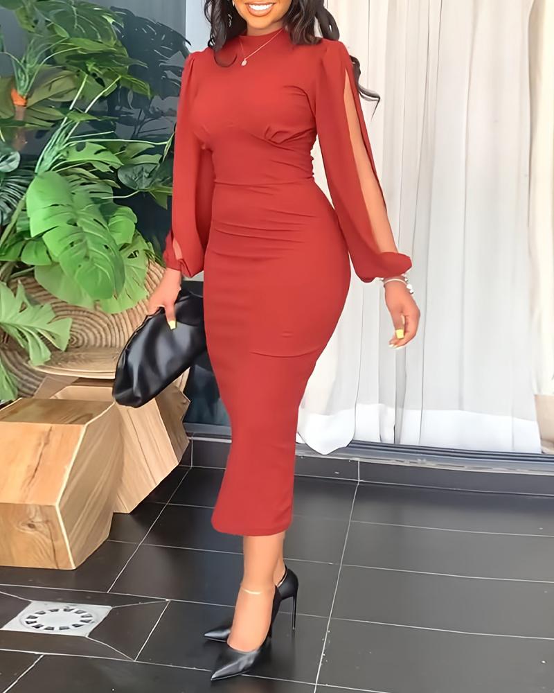 

Plain Puff Split Sleeve Work Dress, Red