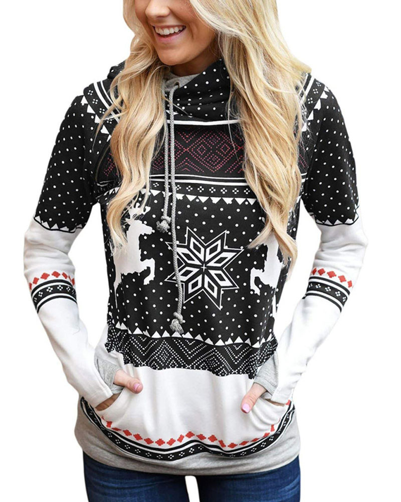 

Christmas Snowflake Elk Print Drawstring Hoodie, Black