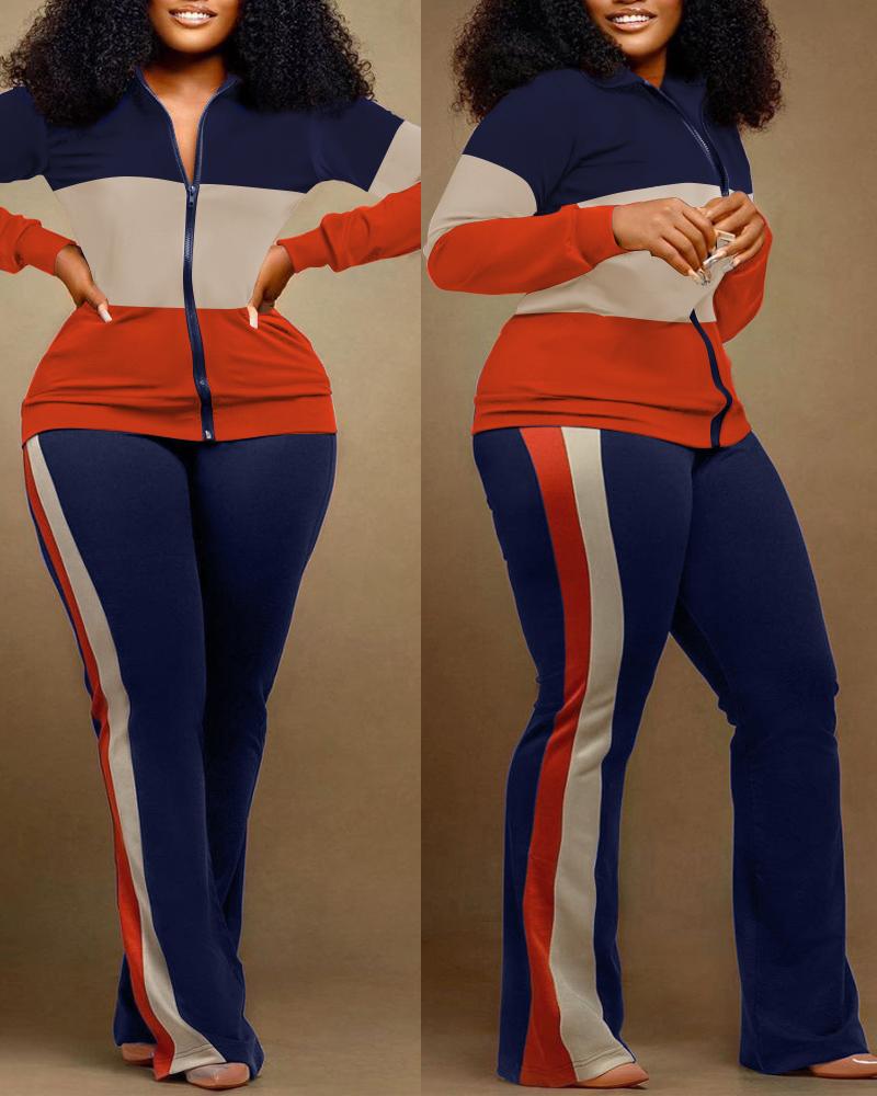 

Plus Size Colorblock Long Sleeve Zip Up Top & Pants Set, Multicolor