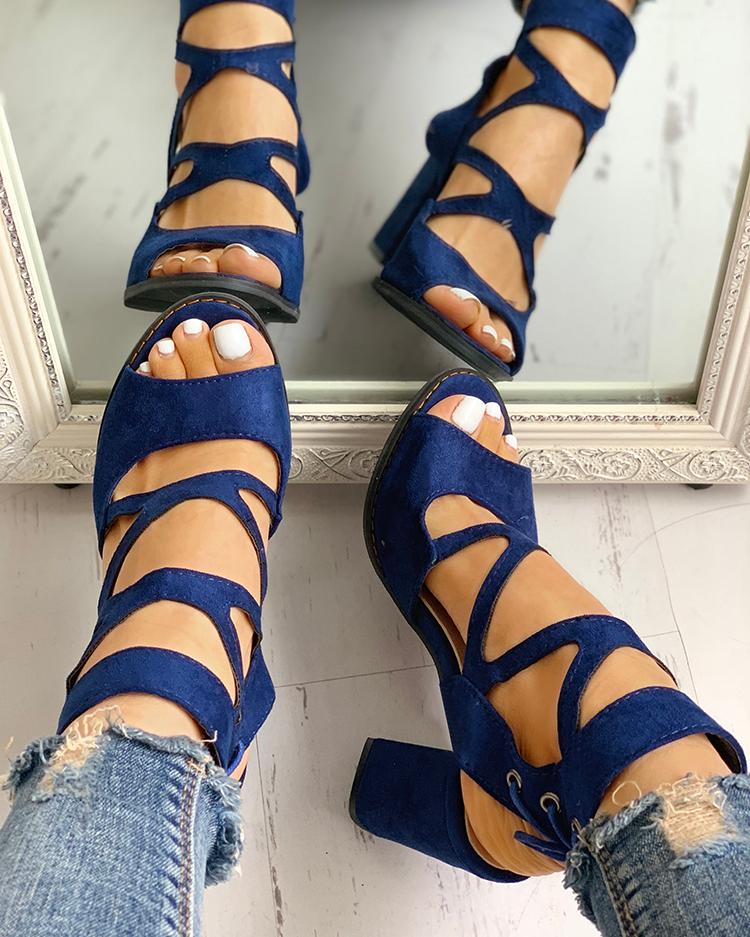 

Peep Toe Crisscross Chunky Heeled Sandals, Dark blue