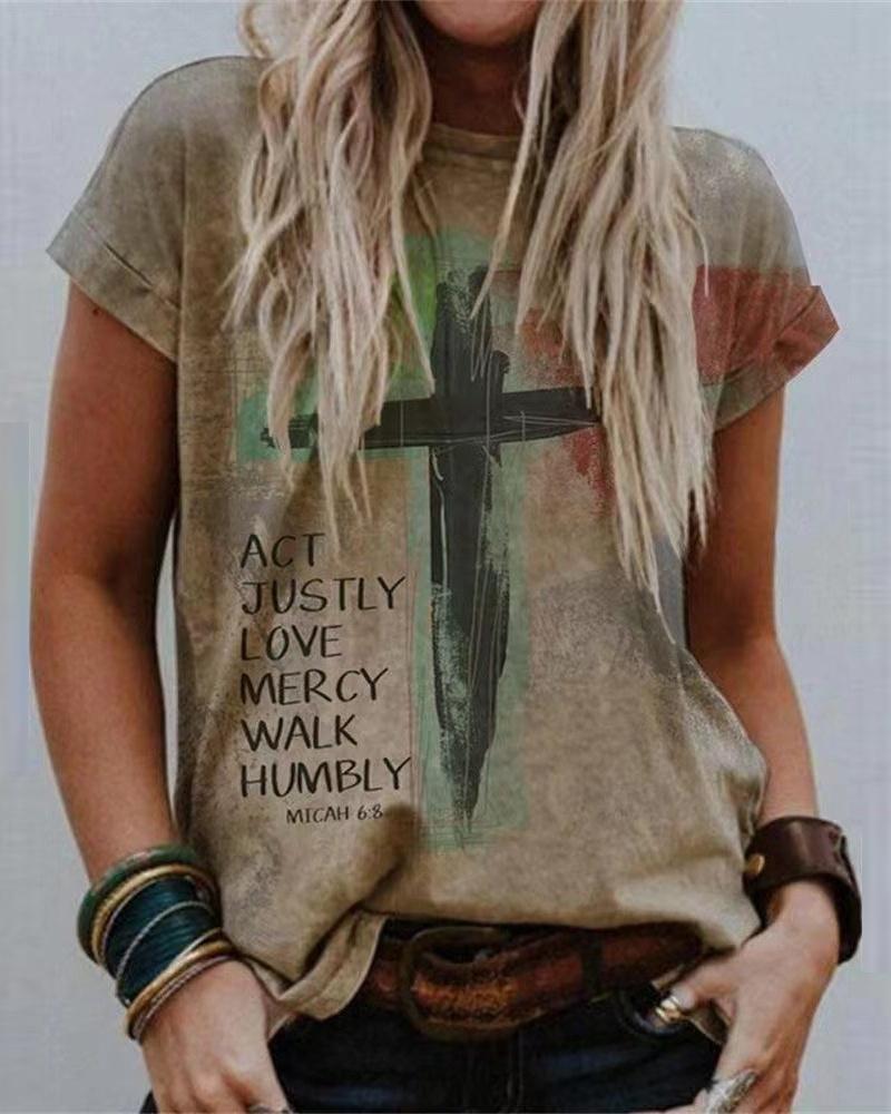 

Act Justly Love Mercy Walk Humbly Cross Print Casual T-shirt, Khaki