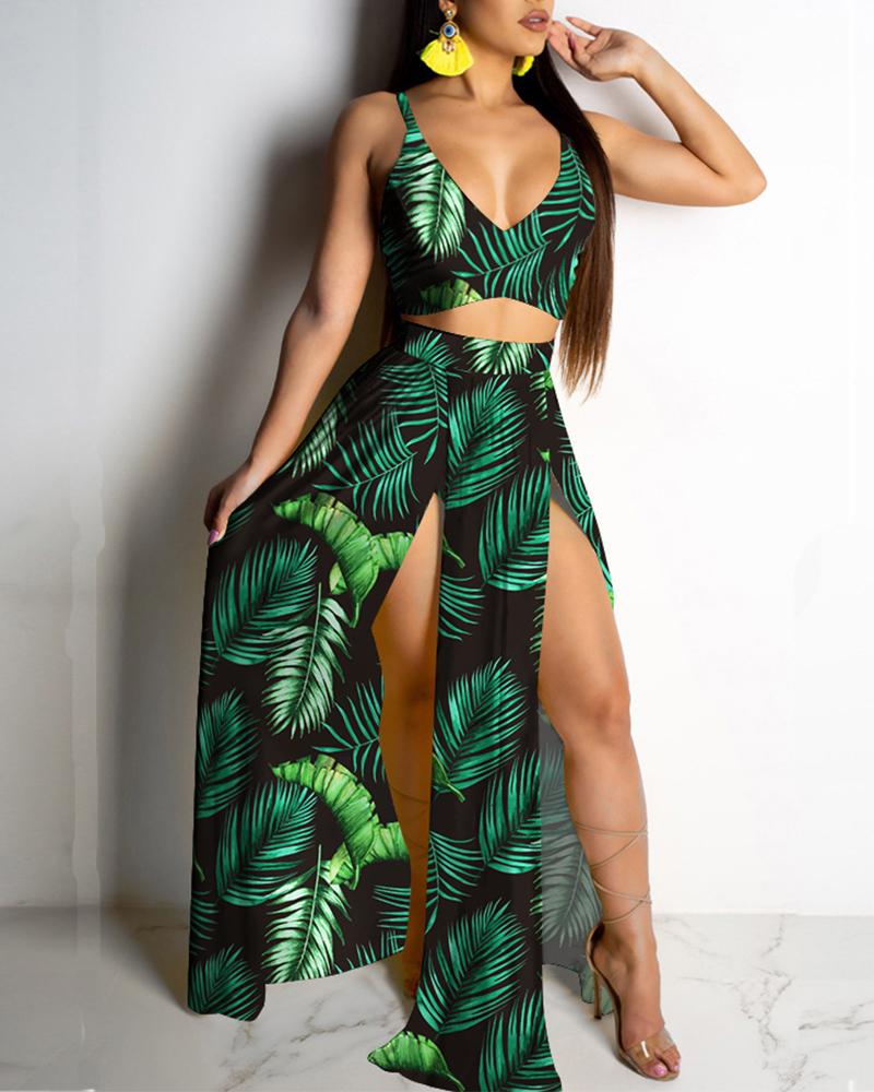 

Tropical Print Crop Cami Top & High Slit Skirt Set, Green