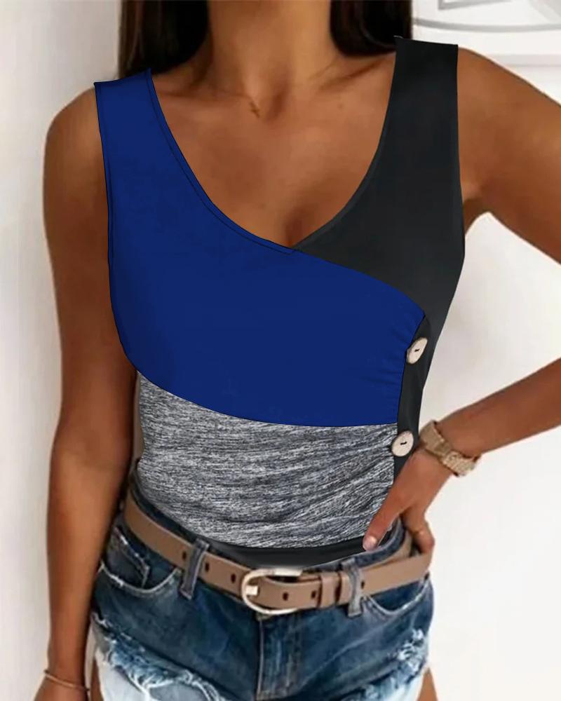 

Colorblock Button Detail Tank Top, Blue