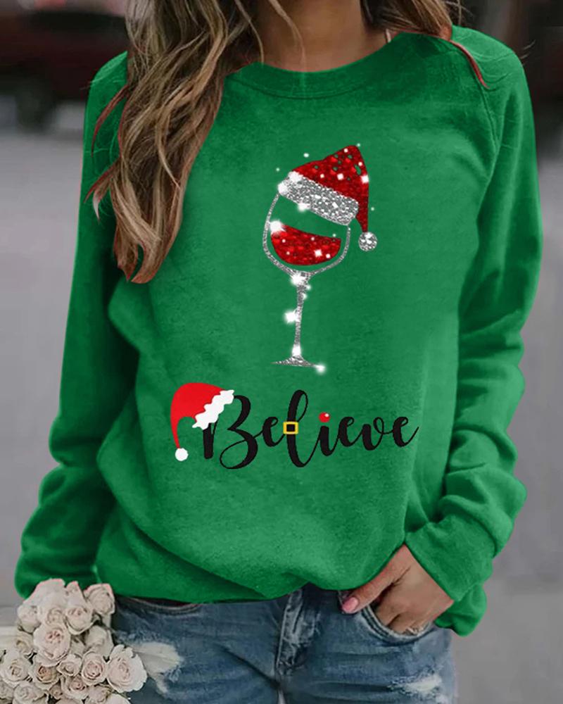 

Christmas Graphic Letter Print Long Sleeve Top, Green