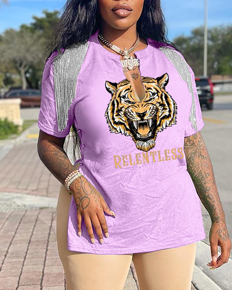 

Tiger Print Tassel Design Slit T-shirt, Light pink
