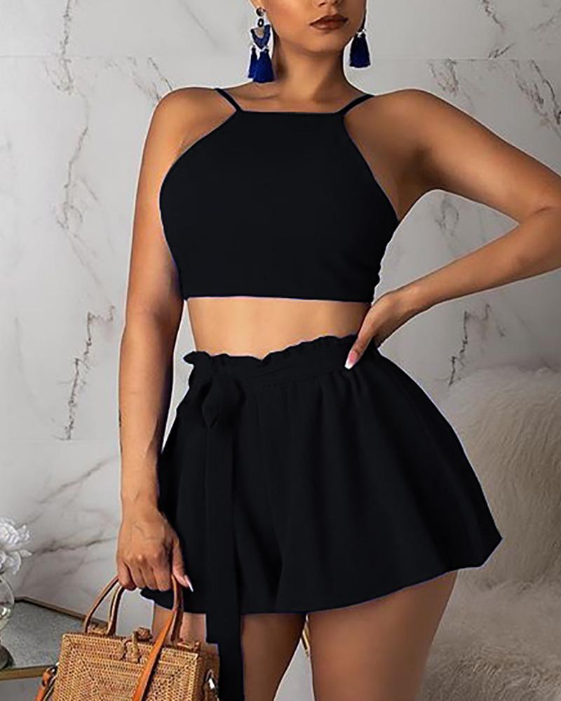 

Frills Tie Waist Shorts With Camisole Set, Black