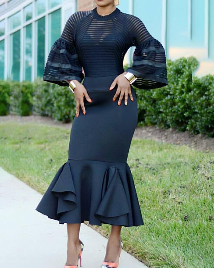 

Skinny Puff Sleeve Flounce Mermaid Dress, Black
