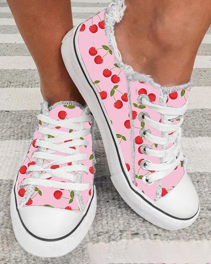 

Valentine's Day Cherry Print Fringe Hem Canvas Sneakers, Pink