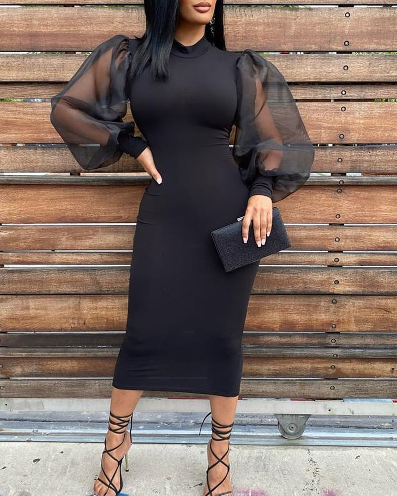 

Sheer Mesh Puff Lantern Sleeve Bodycon Dress, Black