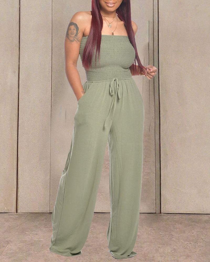 

Bandeau Shirred Pocket Design Wide Leg Jumpsuit, Green
