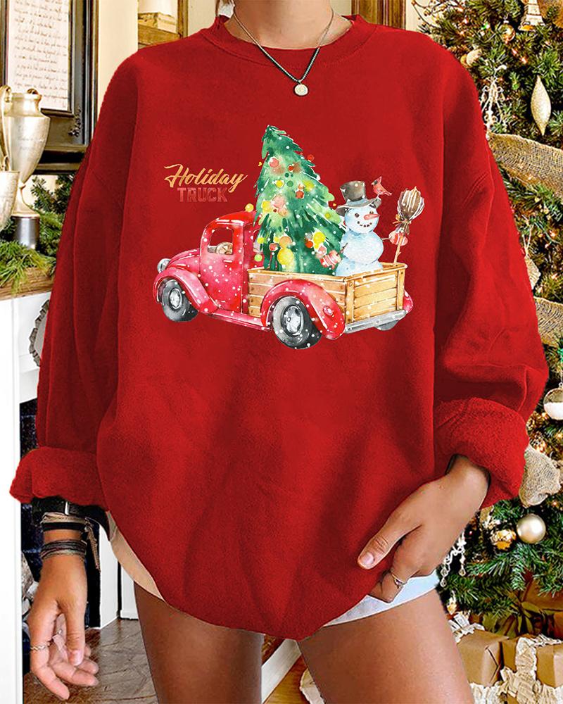

Christmas Long Sleeve Letter Snowman Car Tree Print Sweatshirt, Red