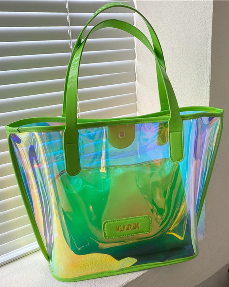 

Clear Holographic Large Capacity Tote Bag With Inner Pouch, Green
