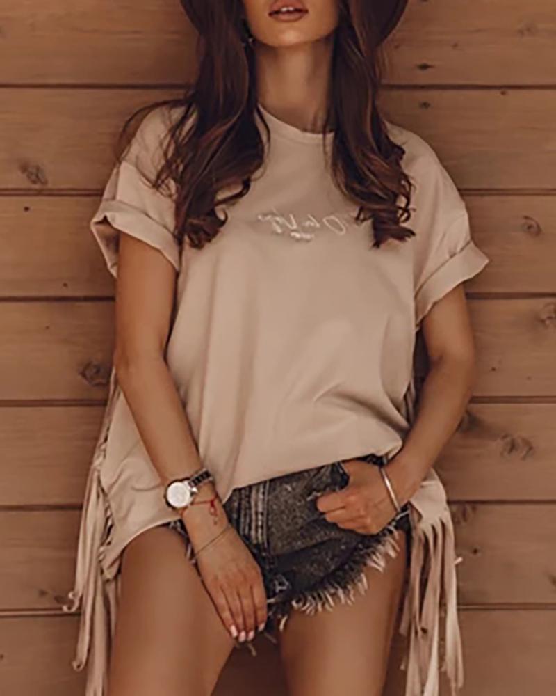 

Letter Print Tassel Design Short Sleeve Top, Khaki
