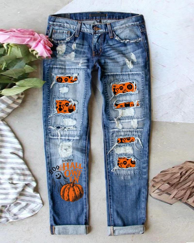 

Halloween Pumpkin Print Ripped Straight Leg Jeans, Blue