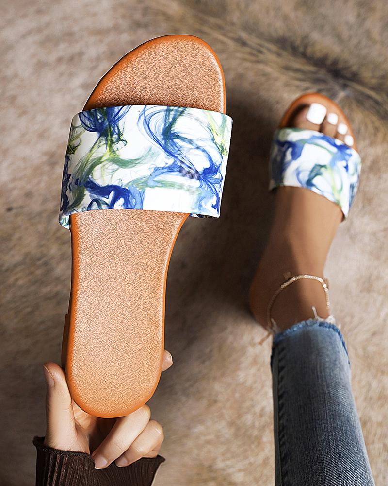 

Tie Dye 3D Print Round-toe Flat Sandals, White