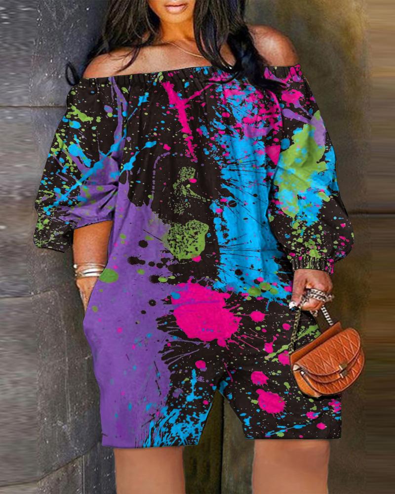 

Plus Size Ink Splash Print Off Shoulder Romper, Multicolor