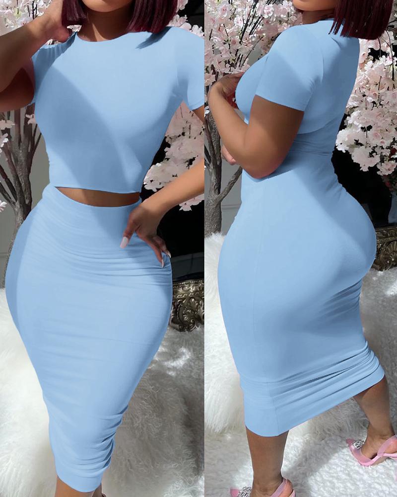 

Short Sleeve Top & High Waist Skirt Set, Lighted blue