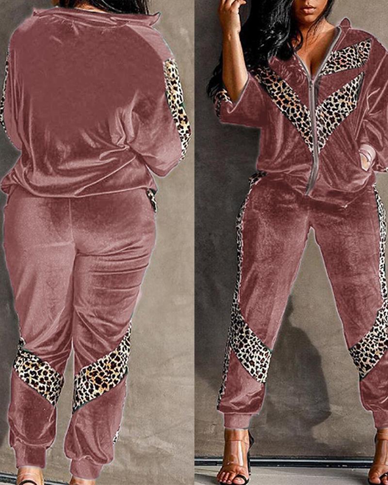 

Cheetah Print Long Sleeve Coat & High Waist Pants Set, Pink