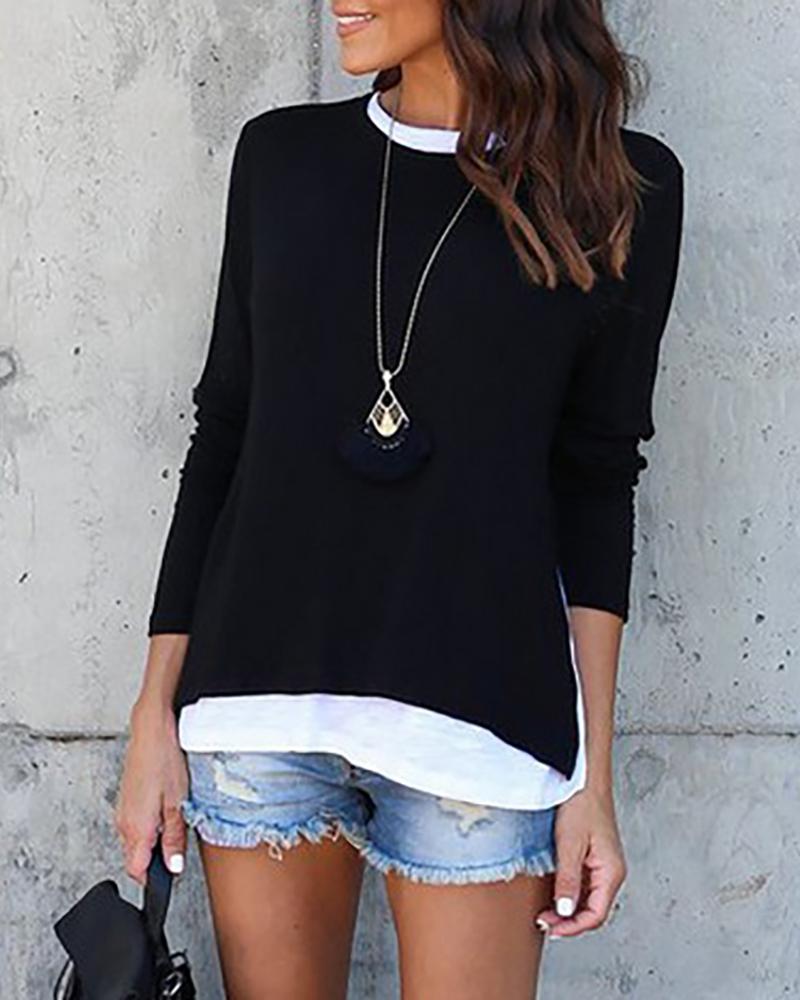 

Colorblock Fake Two Piece Casual Blouse, Black