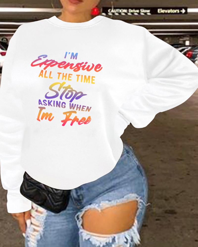 

Plus Size Letter Print Long Sleeve Top, White