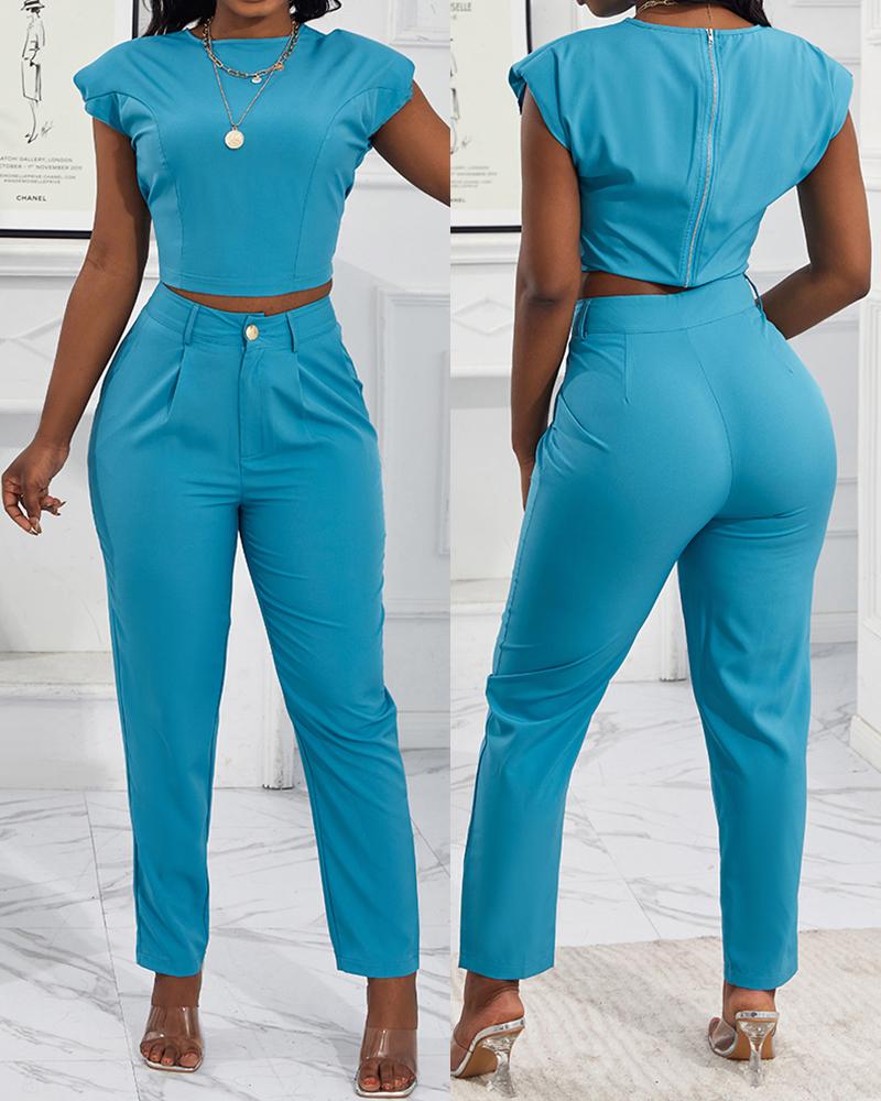 

Plain Crop Top & Pocket Design Pants Set, Blue