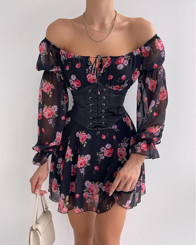 

Lantern Sleeve Floral Print Dress With Eyelet Lace-up Corset, Black