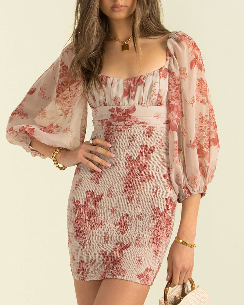 

Floral Print Lantern Sleeve Shirred Chiffon Dress, Coffee