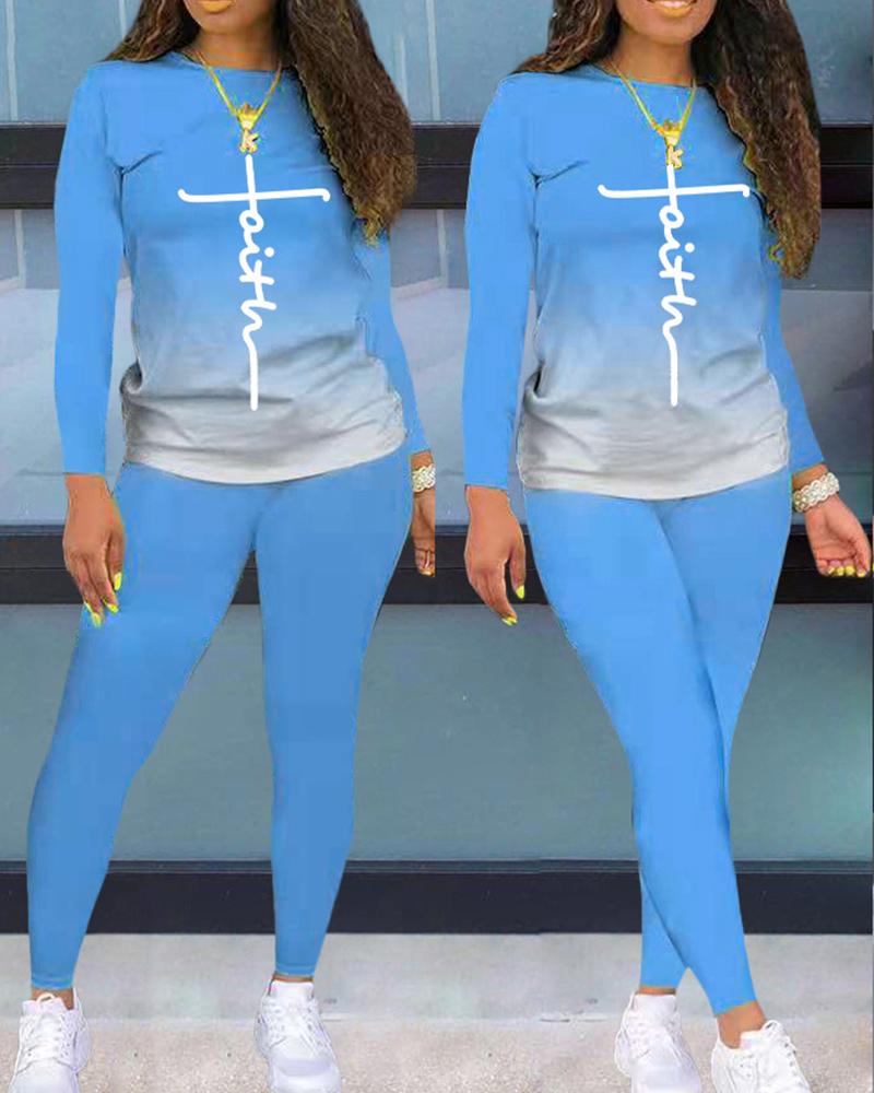 

Ombre Letter Print Long Sleeve Top & Pants Set, Blue