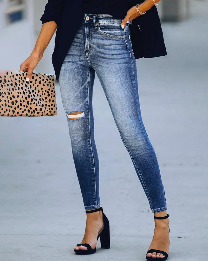 

High Waist Ripped Pocket Design Jeans, Blue