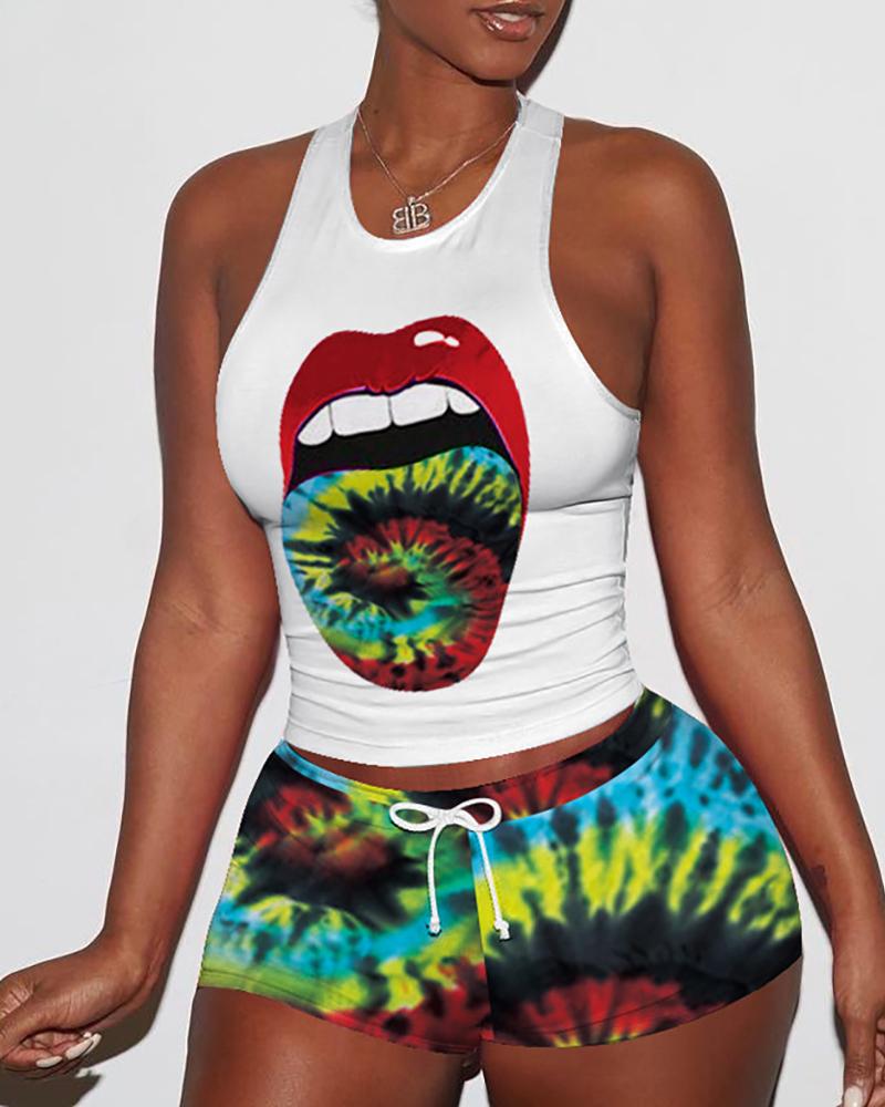 Conjunto de pantalones con cordón y top con estampado de labios / guepardo / tie dye
