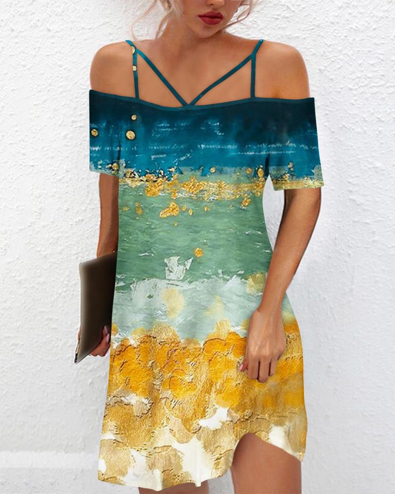 

Abstract Print Cold Shoulder Casual Dress, Style1