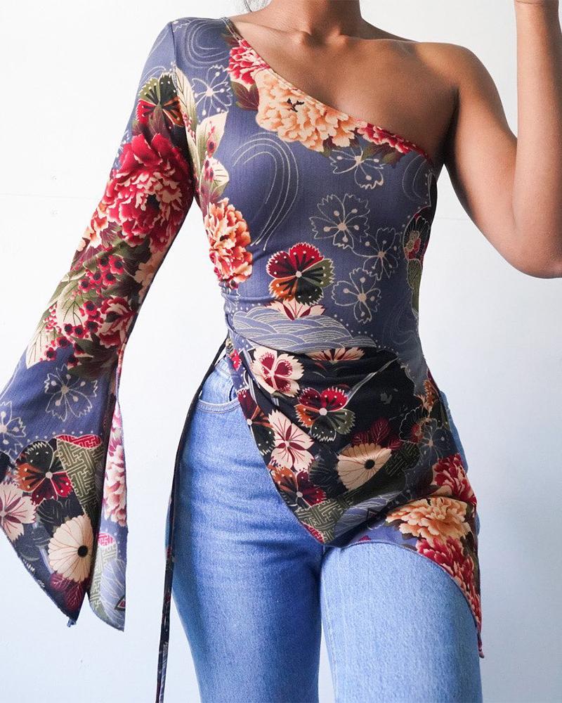 

Floral Print One Shoulder Drawstring Split Flare Sleeve Asymmetrical Top, Multicolor