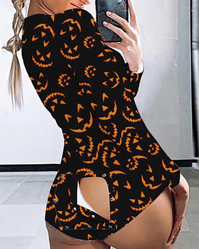 

Halloween Graphic Print Long Sleeve Flap Design Romper, Style2