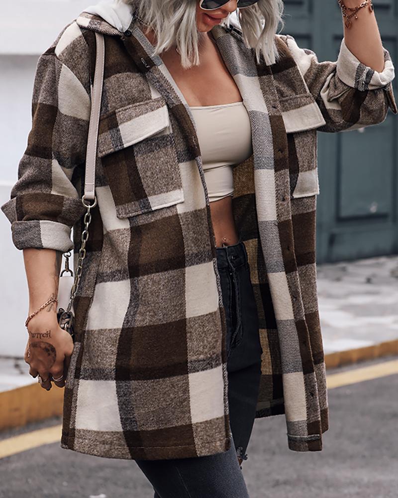 

Hooded Plaid Print Pocket Button Design Coat, Brown