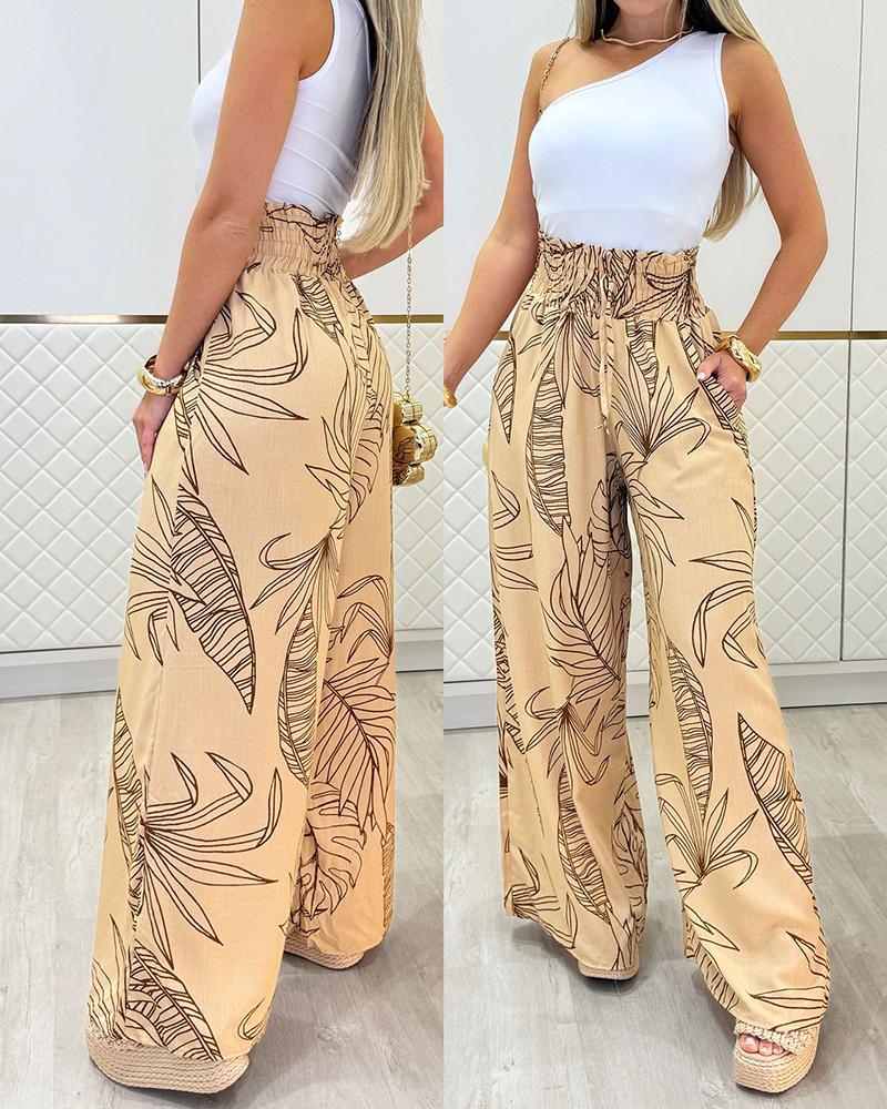 

Tropical Print High Waist Tied Detail Pants Casual Shirred Wide Leg Pants, Light yellow