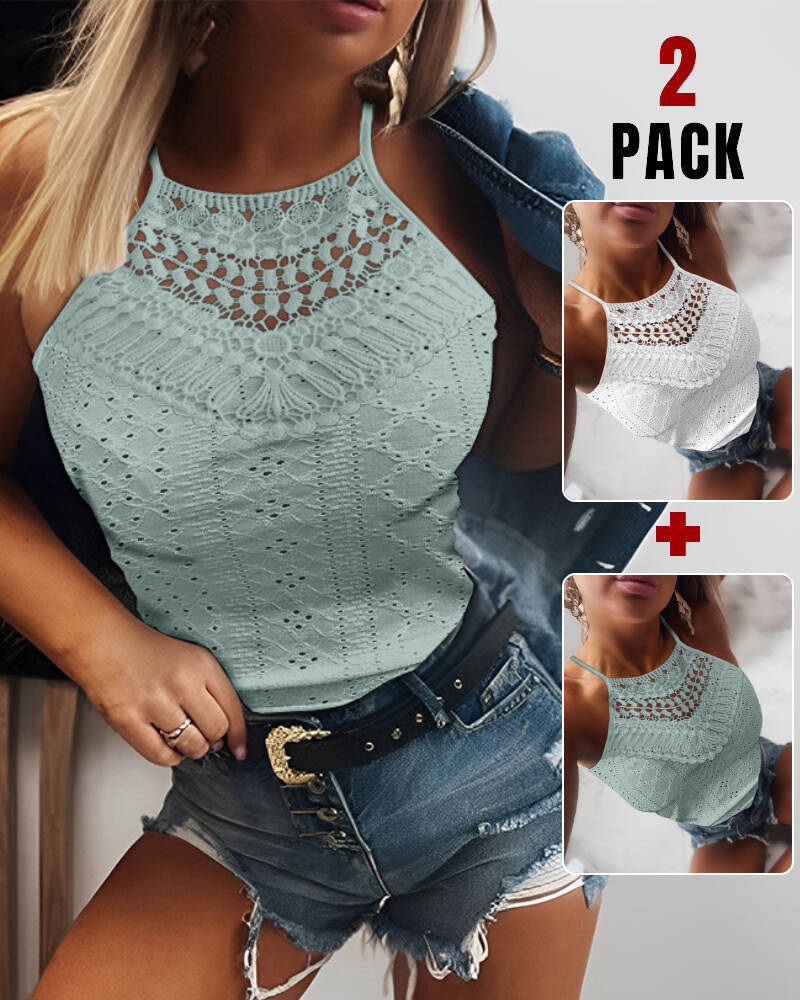 

2 peças Halter Lace Up Water Soluble Lace Trim sem mangas Tank Jacquard Casual Slim Fit Knit Top, Style2