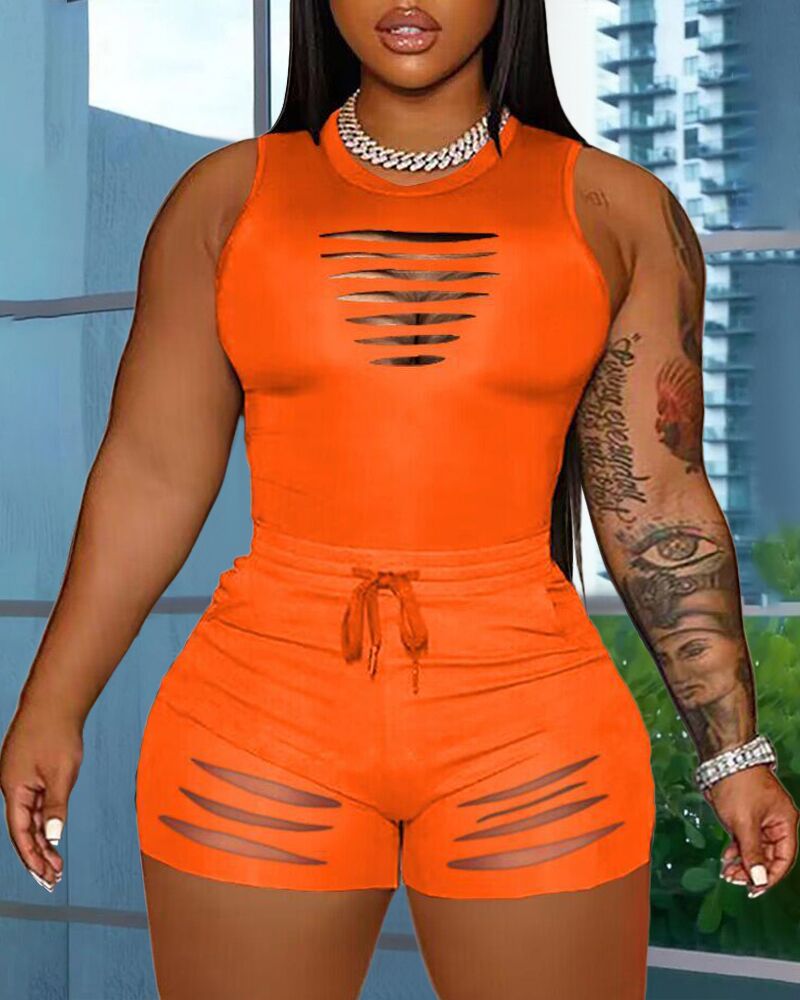 

Plus Size Ladder Cutout Tank Top & Drawstring Shorts Set, Orange