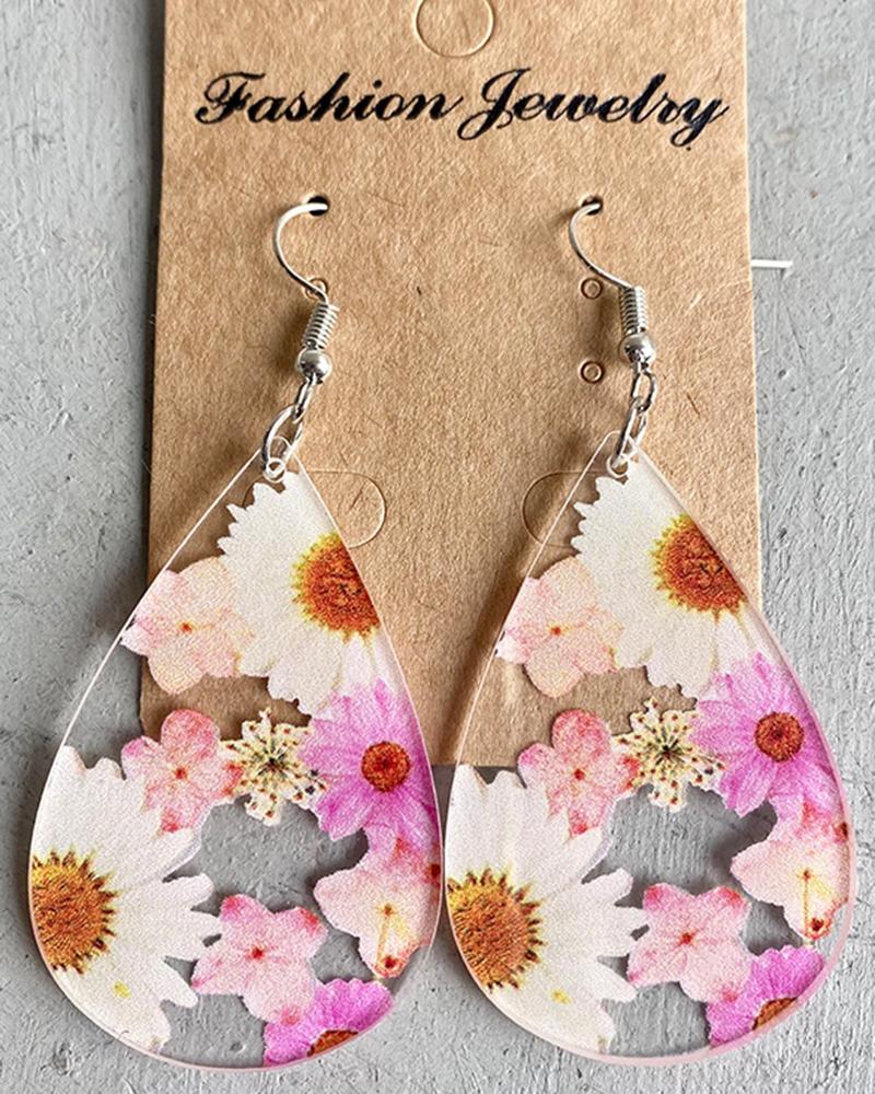 

1Pair Floral Acrylic Water Drop Earrings, Pink