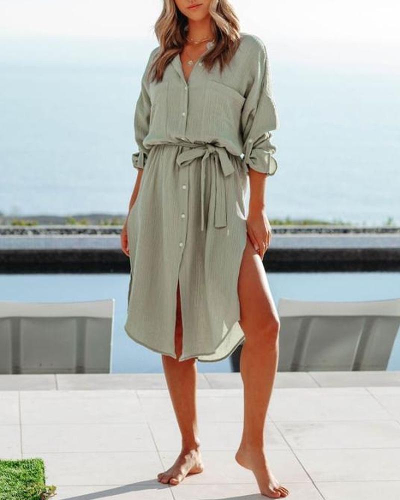 

Split Hem Button Front Belted Shirt Dress, Green