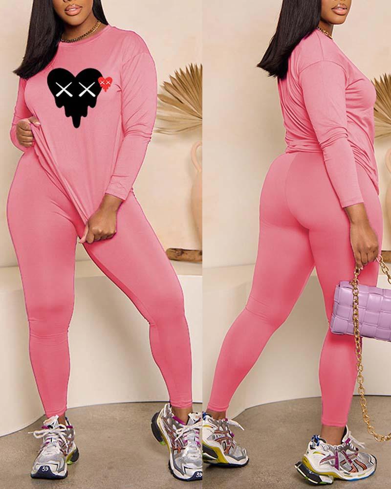 

Plus Size Valentine's Day Heart Print Casual Top & Pants Set, Pink