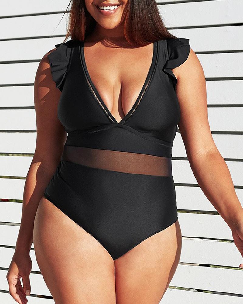 

Plus Size Contrast Mesh One-Piece Swimsuit, Black